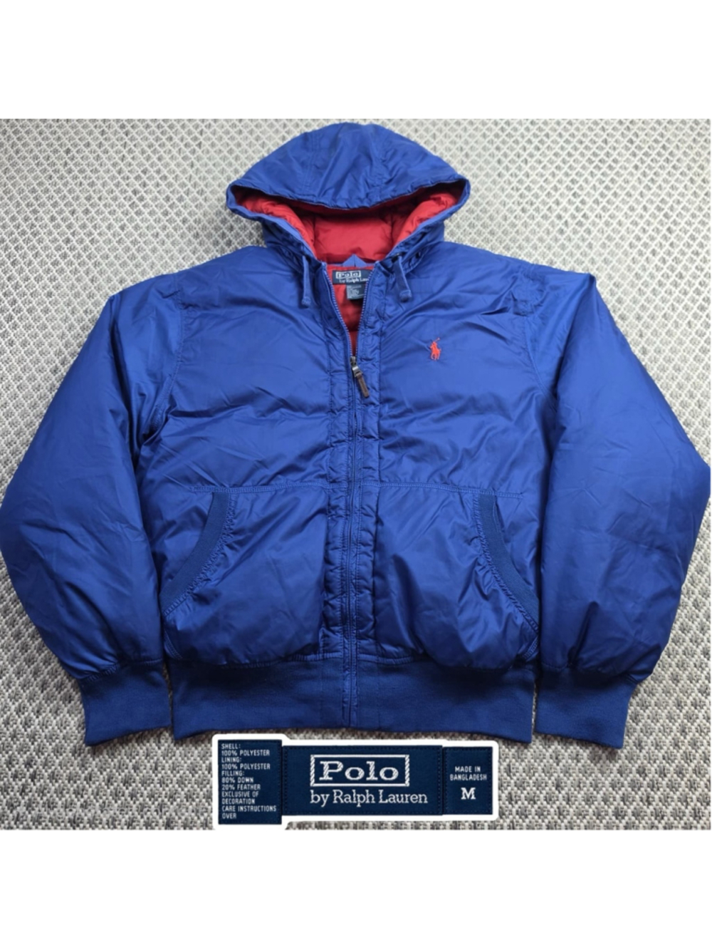 Polo Ralph Lauren Mens M Down Puffer Jacket Royal Blue Red Hooded Full Zip